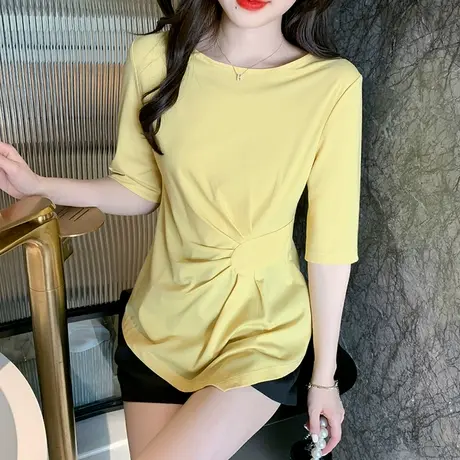 设计感小众不规则上衣女中袖欧货洋气修身T恤半袖纯色百搭小衫潮商品大图