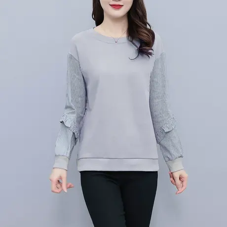 法式气质衬衫女2023年秋季新款宽松薄款卫衣女条纹拼接假两件小衫商品大图