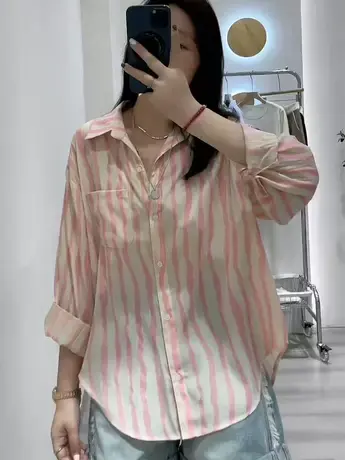 粉色条纹防晒衬衫外套女夏季宽松遮肚子显瘦衬衣别致衬衣上衣薄款商品大图