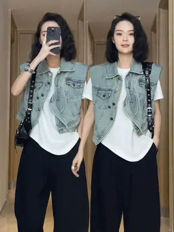 欧货新款设计感单排扣短款坎肩无袖短牛仔马甲外套女韩版女上衣潮商品大图
