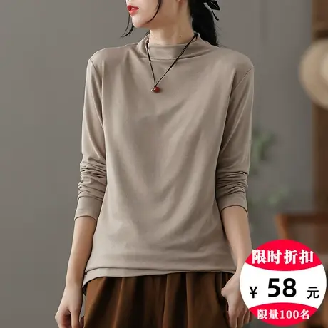 dza纯色全棉半高领长袖t恤女士秋冬新款洋气内搭上衣女宽松打底衫商品大图