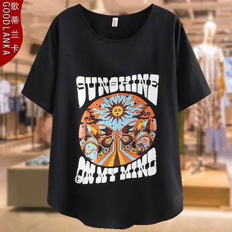 加肥加大码胖妈妈夏装短袖上衣200斤宽松时尚印花百搭圆领休闲T恤图片