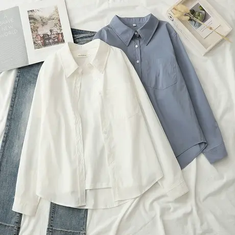 秋季2023年慵懒风休闲宽松纯色长袖衬衫女韩范百搭纯棉白衬衣上衣图片