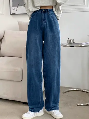 清仓捡漏复古蓝阔腿牛仔裤女春2023大码胖妹妹港风宽松直筒高腰图片