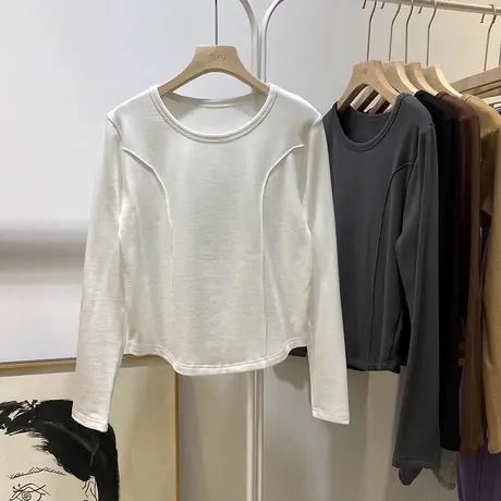 小个子短款鱼骨长袖T恤女秋冬内搭德绒保暖修身小衫洋气减龄上衣商品大图