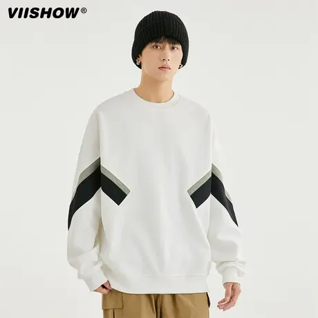 VIISHOW美式潮牌卫衣男2023秋季新款圆领绣花拼接长袖冬宽松上衣商品大图