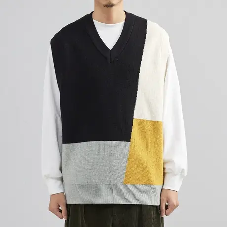 韩版拼色V领毛衣背心男2022秋冬季潮流宽松针织衫慵懒风毛衫马甲商品大图