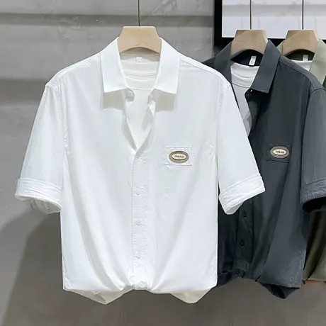 短袖衬衫男外套夏季潮牌ins衬衣宽松美式休闲纯棉五分袖中袖寸衫商品大图