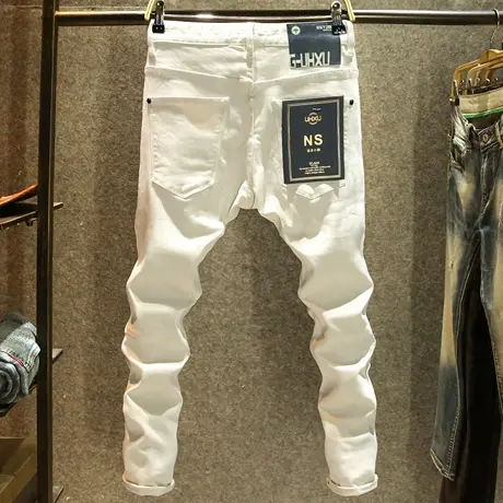 高端机车白色牛仔裤男款修身弹力小脚裤秋冬厚款潮牌拼接机能长裤商品大图