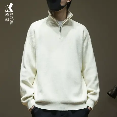 半高领拉链针织毛衣男春秋日系宽松大码男士打底衫保暖休闲毛线衣商品大图