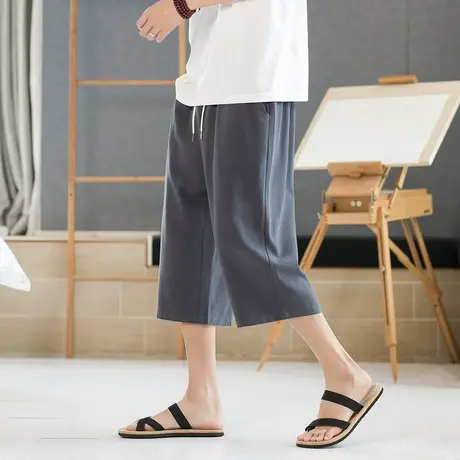 亚麻七分裤男大码宽松棉麻短裤夏季薄款裤子中国风直筒休闲裤中裤商品大图