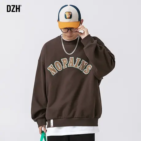 男生咖啡色美式重磅卫衣男春秋圆领潮牌男装2023新款长袖上衣百搭商品大图