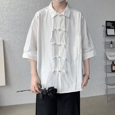 夏季男衬衫亚麻面料复古汉服改良盘扣中国风宽松加肥加大码衣服男商品大图