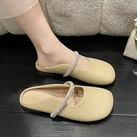 欧洲站2023春夏季新款包头凉拖外穿百搭穆勒鞋平底圆头水钻半拖女图片