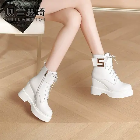 真皮舒适圆头厚底坡跟短靴女秋冬季新款系带防水台高跟马丁靴子商品大图