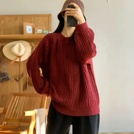 dza 复古纯色加厚羊驼圆领针织衫女秋冬内搭麻花毛衣休闲打底衫女商品大图