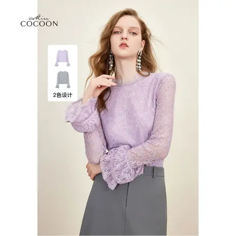 missCOCOON千金玛德琳2023秋季新款荷叶边镂空蕾丝减龄雪纺上衣商品大图