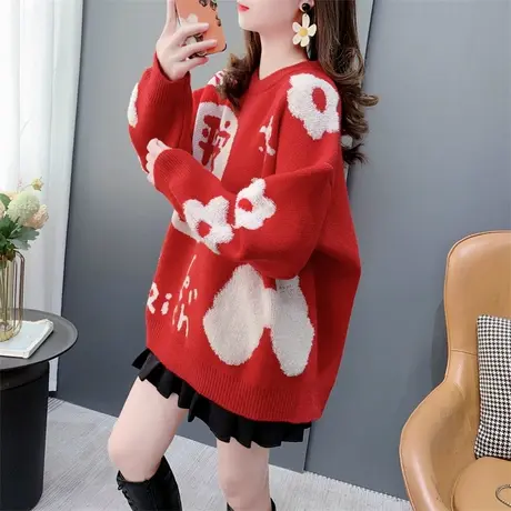 圣诞新年红色喜庆圆领毛衣女套头2023新款秋冬宽松软糯针织衫上衣商品大图