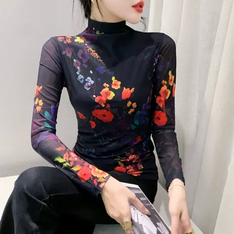 半高领打底衫女内搭2024秋冬新款复古印花上衣修身网纱长袖T恤潮商品大图