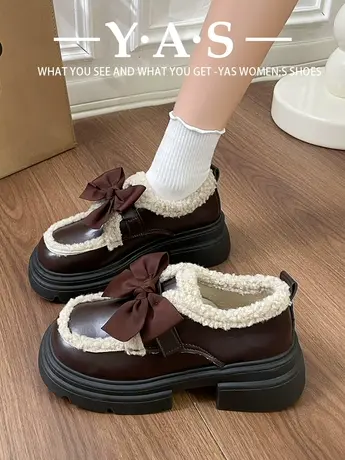 厚底日系学院风加绒保暖小皮鞋女秋冬新款复古蝴蝶结棉鞋乐福鞋子商品大图