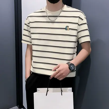 2023夏季夏装t恤男短袖修身半袖潮流潮牌个性卡通条纹半截袖体恤商品大图