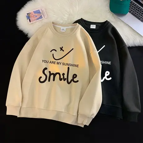 笑脸圆领卫衣男春秋季加绒加厚保暖套头上衣ins无帽宽松潮流打底商品大图