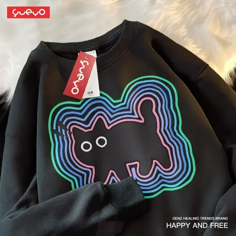 悦游 迷幻线条 暹罗黑猫圆领加绒卫衣男炫彩梦幻原创日系潮流图片