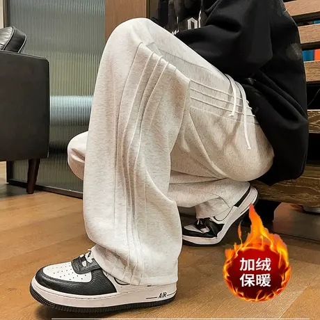 裤子男秋冬季加绒加厚大码休闲裤宽松潮流褶皱设计运动直筒长裤子商品大图