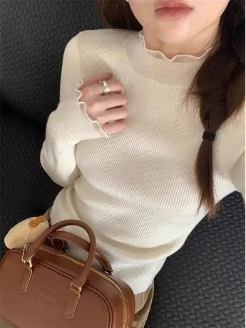 半高领毛衣打底衫女秋冬新款高级感白色内搭长袖针织衫木耳边上衣商品大图