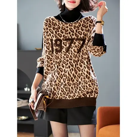 宝诗黎拼接高领豹纹慵懒毛衣2024早春新款时尚宽松针织套头上衣女商品大图
