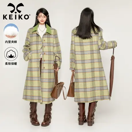KEIKO [夹棉]韩系复古绿格子羊毛呢大衣2024早春宽松长款呢子外套图片