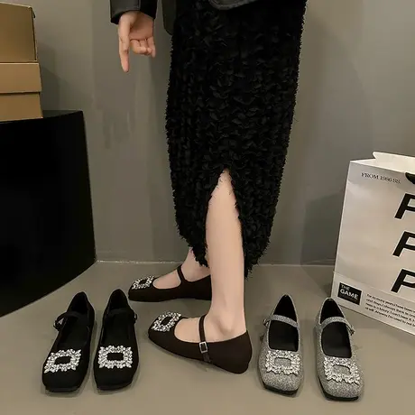 粗跟气质水钻玛丽珍女鞋子2024年新款春秋夏季高跟鞋黑色晚晚单鞋图片