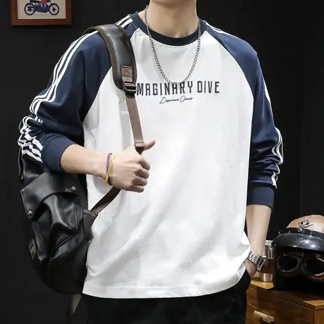 条纹三条杠拼接长袖t恤男纯棉宽松大码2024新款男士打底内搭衣服商品大图