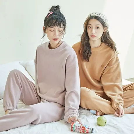 侧口袋家居服女套装长袖加厚可外穿珊瑚绒冬季法兰绒保暖宽松睡衣商品大图