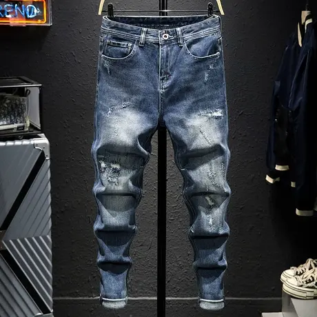 春夏款潮牌时尚破洞牛仔裤男修身小脚男士休闲百搭高档显瘦长裤子商品大图