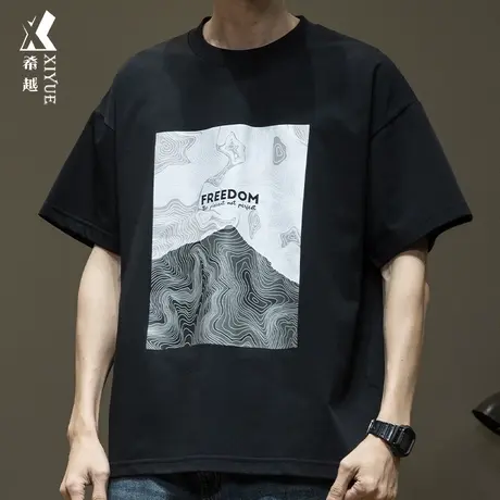希越潮牌印花圆领T恤男2024夏季新款美式宽松休闲短袖打底上衣ins商品大图