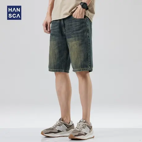 hansca 5分牛仔短裤男款宽松直筒夏季美式高街复古水洗黄泥染中裤商品大图