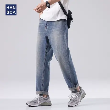 hansca纯棉直筒牛仔裤男春季新款宽松美式阔腿水洗休闲九分裤子男商品大图