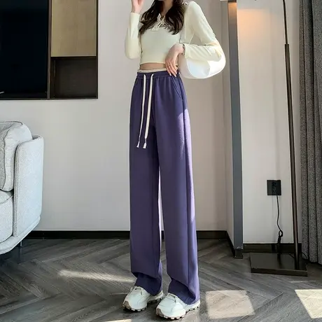 紫色窄版阔腿裤女春秋高腰垂感2024年新款宽松休闲显瘦直筒运动裤商品大图