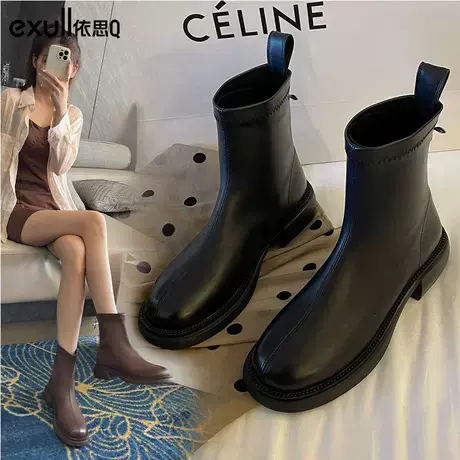 依思q棉靴女冬粗跟加绒2023新款鞋子女短靴厚底冬季棉鞋保暖冬靴商品大图