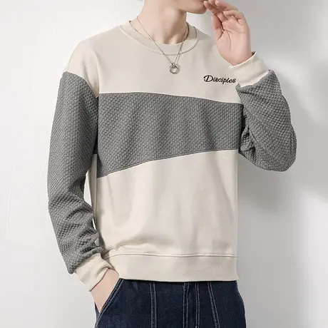 男士潮牌T恤春秋款米黄圆领卫衣秋季男款宽松长袖撞色上衣服秋天商品大图