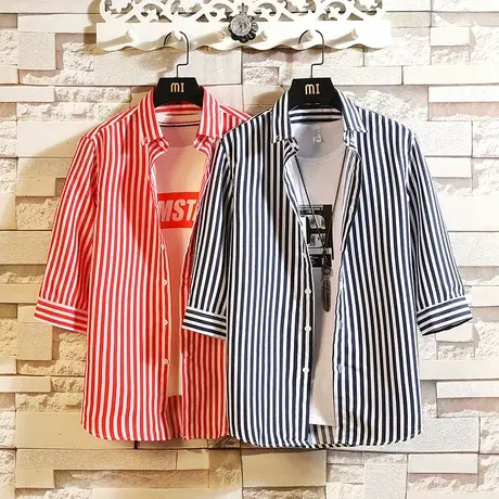 男士衬衫春季七分条纹韩版潮流中袖寸衫男帅气修身学生短袖衬衣男商品大图