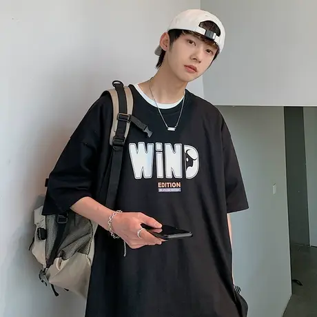 夏季短袖t恤男潮流港风印花宽松半袖体恤圆领套头情侣打底衫上衣商品大图