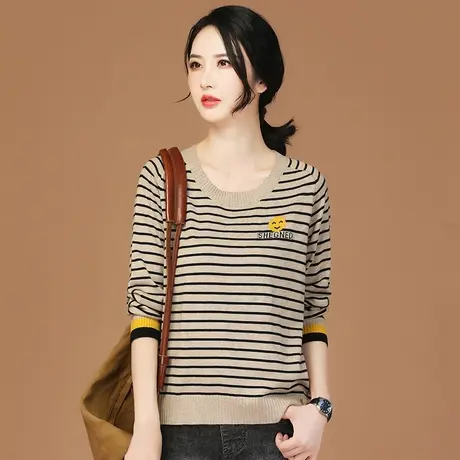 韩潮袭人复古圆领套头条纹针织衫女2023秋装新款长袖毛衣上衣薄款图片