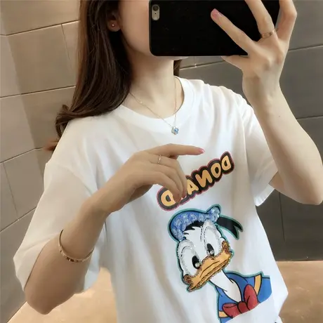 2023夏季新款重工钉珠卡通唐老鸭减龄白色宽松亮片短袖T恤女上衣图片