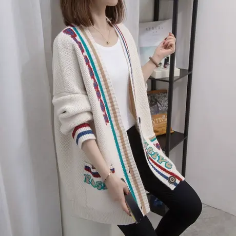 v领针织开衫女2023秋冬新款宽松慵懒风外穿上衣中长款厚毛衣外套图片