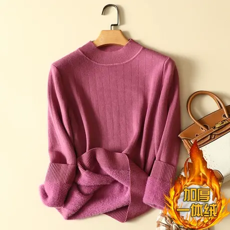 一体绒半高领毛衣女2022年新款加绒加厚打底衫女秋冬宽松针织上衣图片