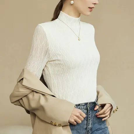 半高领打底衫女紧身内搭春季新款洋气白色蕾丝衫长袖短款t恤上衣商品大图