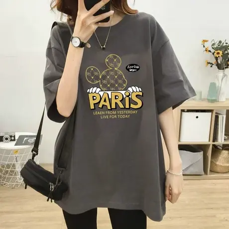 夏季新款灰色欧货上衣宽松纯棉短袖T恤女韩版宽松大码中长款潮ins商品大图