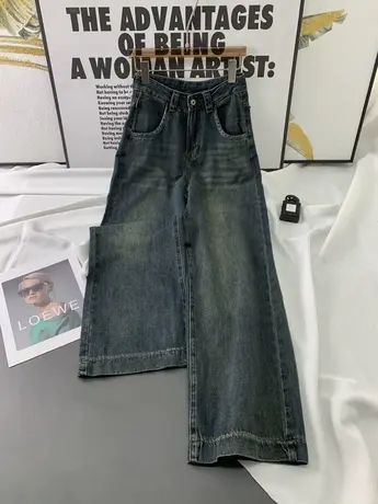 韩版水洗宽松牛仔阔腿裤女2023秋季新款显瘦百搭高腰直筒裤男友裤商品大图